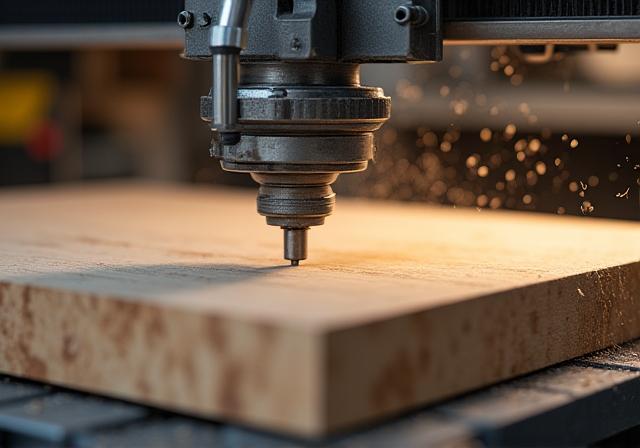 A CNC machine cutting a piece of wood for a desk.